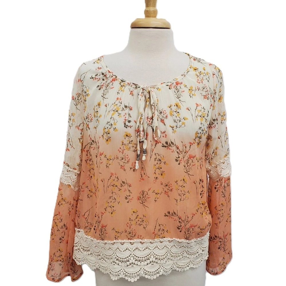 Boho Festival Womens S Sheer Floral Blouse Fairycore‎ Peach Ombre Lace Trim Top
